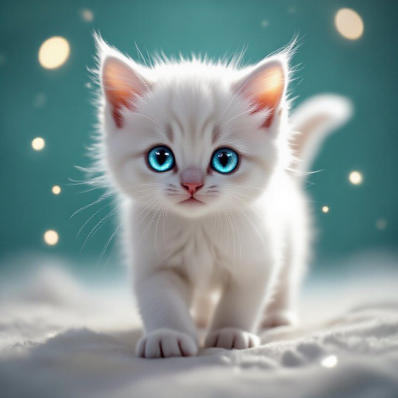 White kitten with blue eyes standing on snow with soft bokeh lights in the background