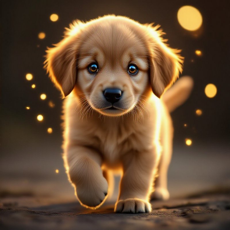 Golden retriever puppy walking toward the camera with glowing bokeh lights in the background.