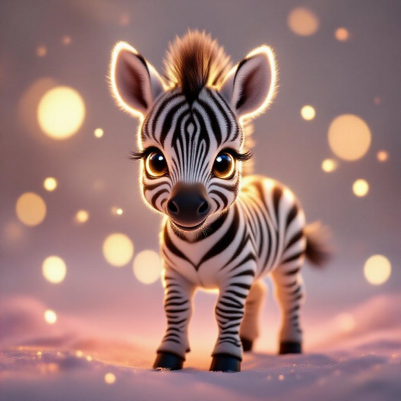 Adorable baby zebra standing on snowy ground with warm glowing bokeh lights