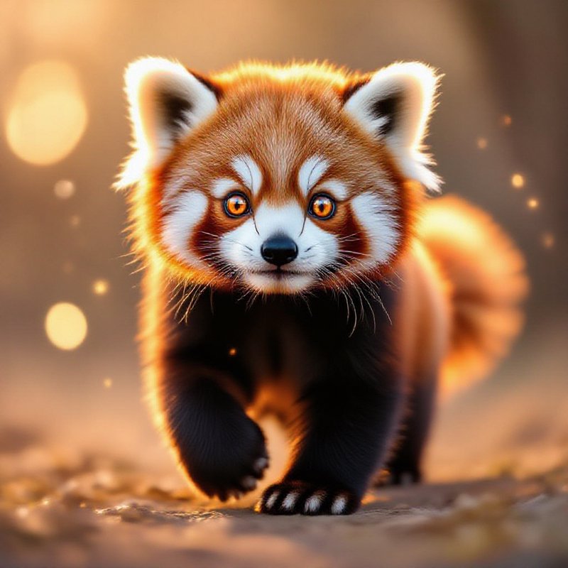 Adorable red panda cub walking toward the camera with a warm glowing background.