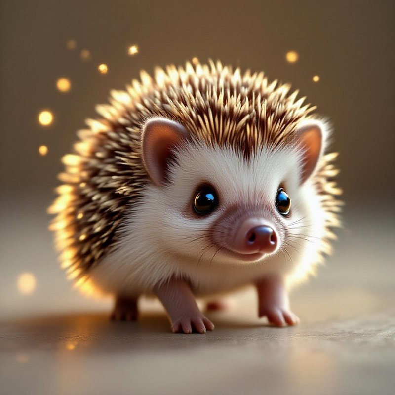 A tiny baby hedgehog with spiky quills, big shiny eyes, and a pink nose on a warm, glowing backgr...