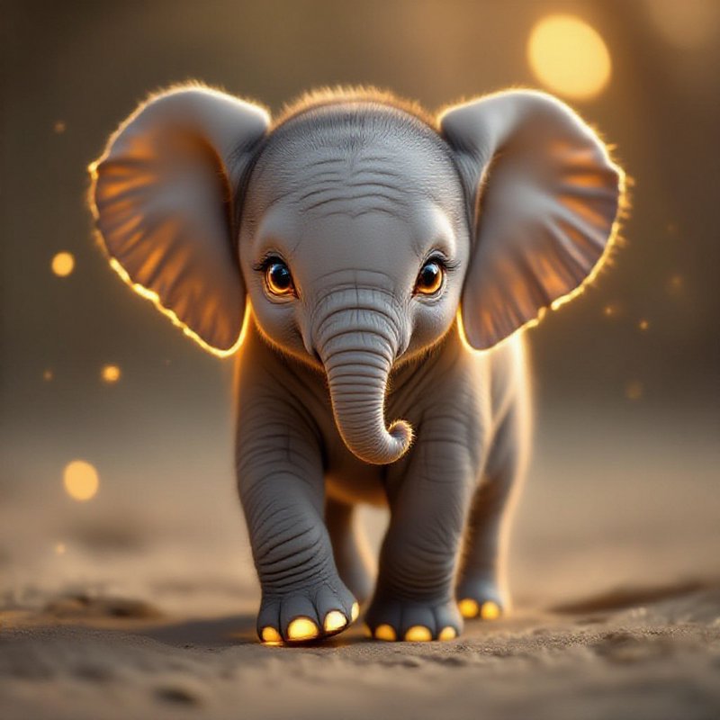 Cute baby elephant walking toward the camera at sunset with glowing edges and soft bokeh.