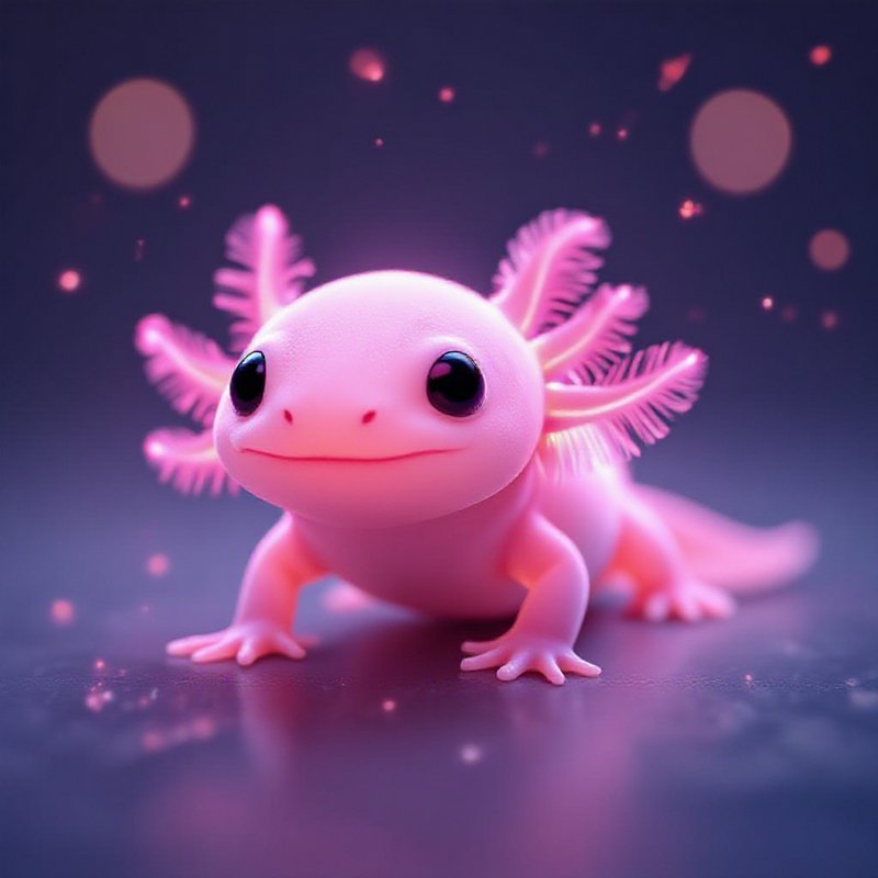 Cute pink axolotl toy with big eyes and feathery fins on a glowing purple background.