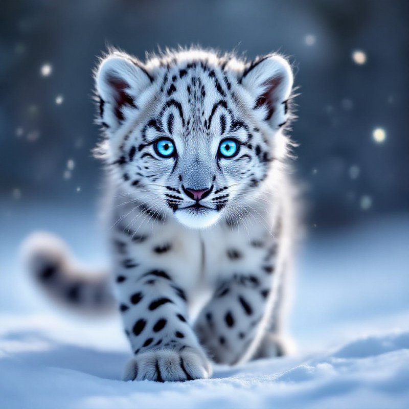 Playful snow leopard cub walking toward camera in snowy landscape with blue eyes