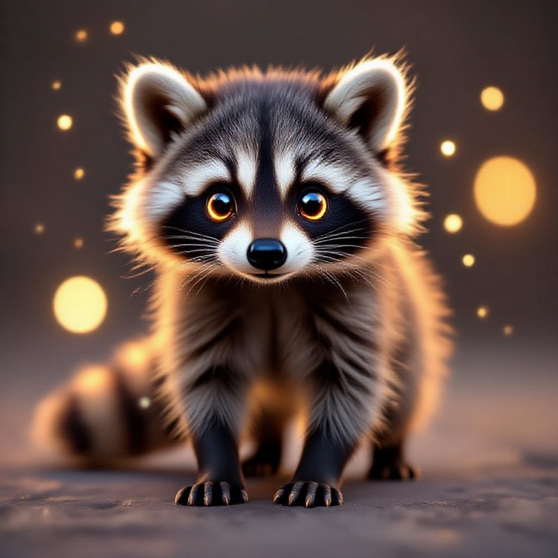 Cute baby raccoon with big eyes and soft fur, glowing bokeh lights in the background.