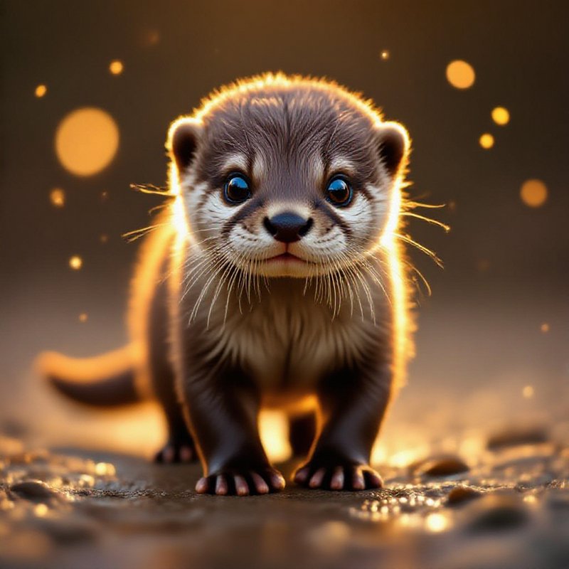 Adorable baby otter puppy crawling toward camera with glowing golden bokeh lights.