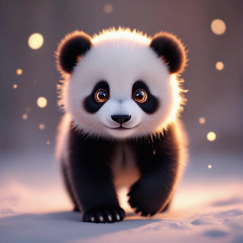 Cute panda cub walking toward the viewer with warm glowing bokeh lights in the background.