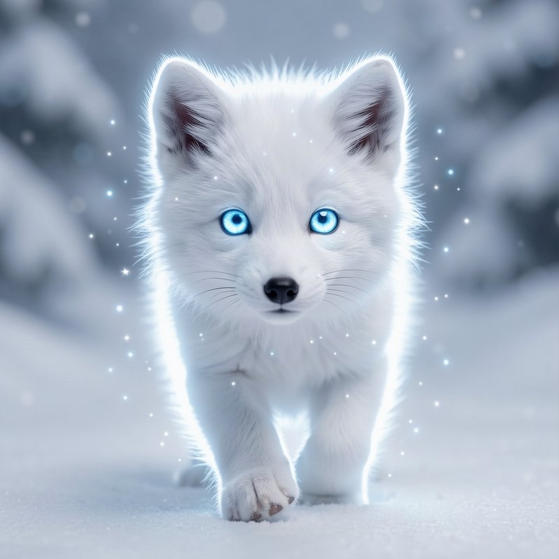 Fluffy glowing white arctic fox kit with bright blue eyes walks across fresh falling snow