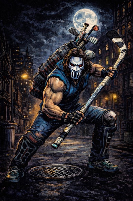 Muscular vigilante in a hockey mask wielding a long bat on a dark, rainy city street at night.