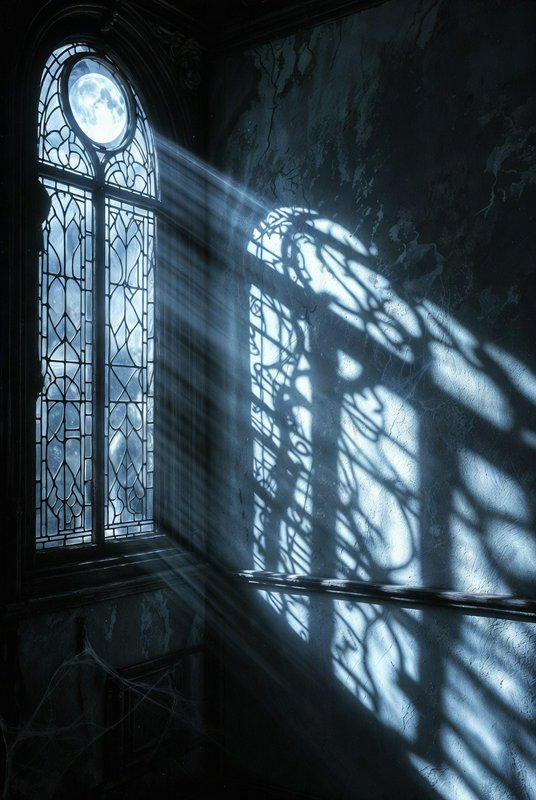 Moonlit Gothic window casting intricate shadows on a dark blue wall.