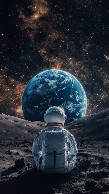 Astronaut sitting on the Moon's rocky surface, gazing at Earth with a starry space backdrop.