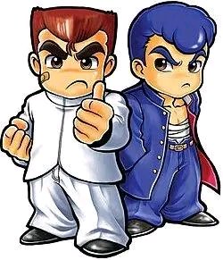 Two cartoon male characters with fierce expressions posing as rivals, one in white outfit and the...