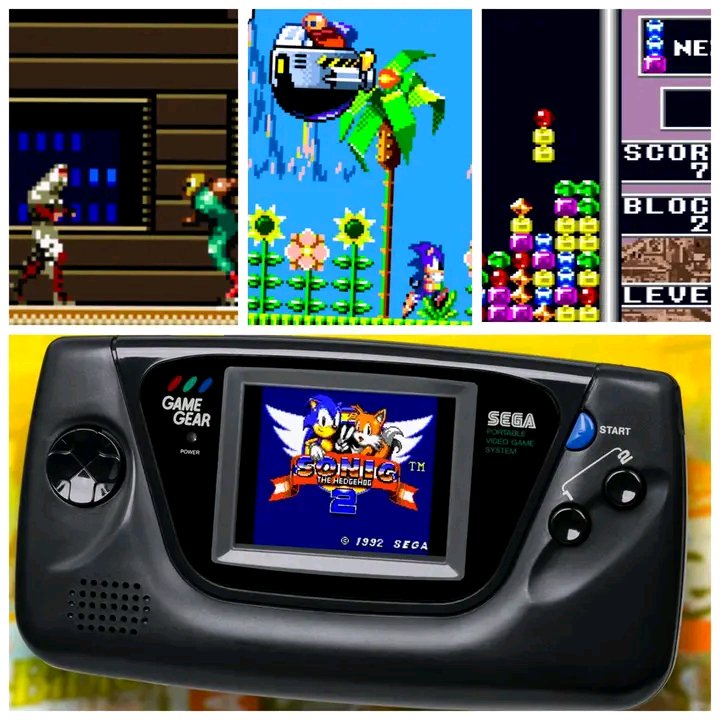 Sega Game Gear handheld with Sonic the Hedgehog 2 on screen, surrounded by retro pixel art collage.