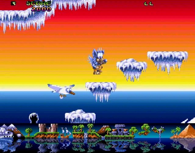 Pixel-art side-scrolling platformer scene with icy floating platforms and a blue-feathered charac...