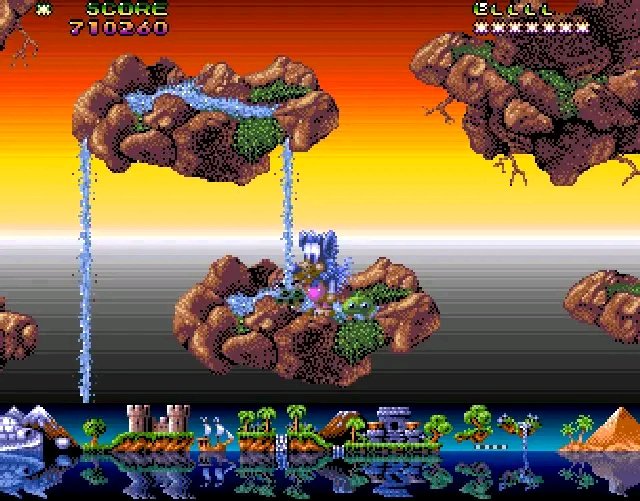 Retro 2D arcade platformer screenshot with floating rocky islands and waterfalls against a sunset...