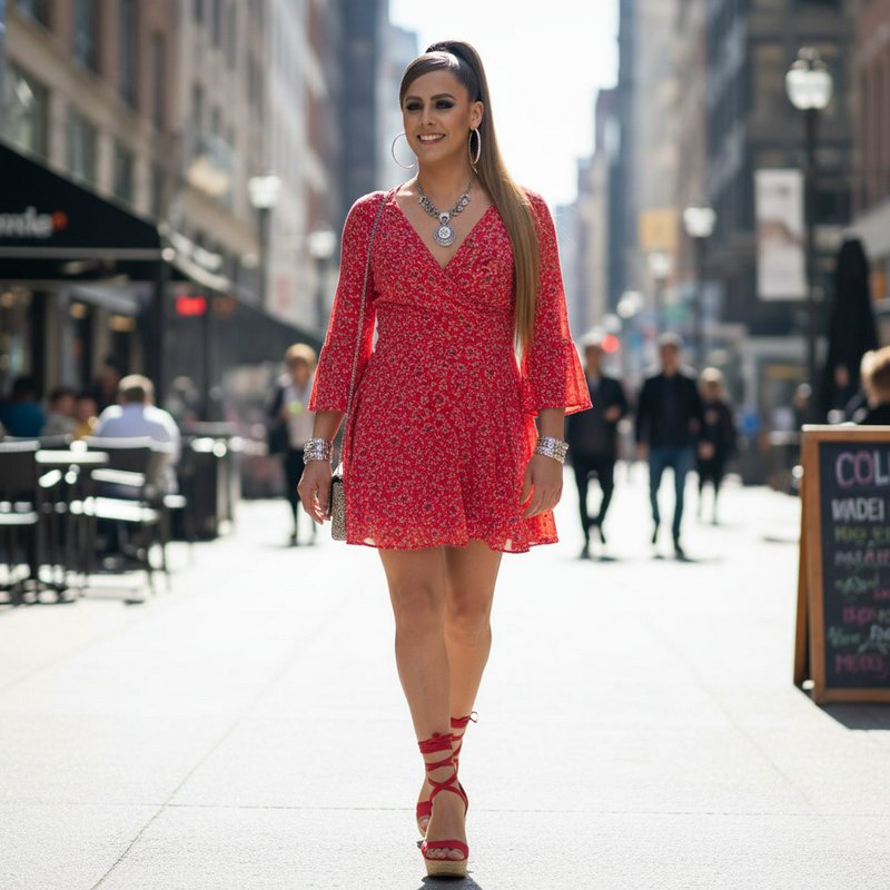 Woman in a red floral dress walking on a sunny city street with stylish accessories.