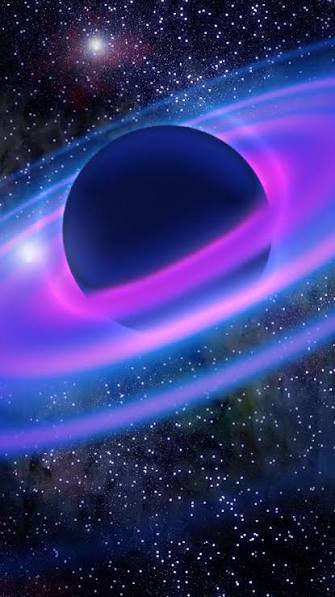 Dark planet with glowing purple rings against a starry space background