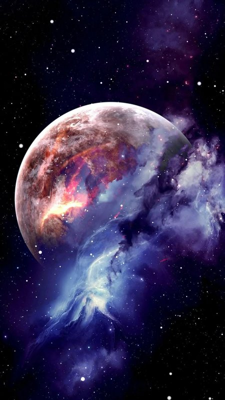 Planet with colorful nebula and starfield in deep space
