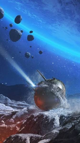 Cratered sci-fi spacecraft crash-landing on a rocky moon with a glowing beam in deep blue space