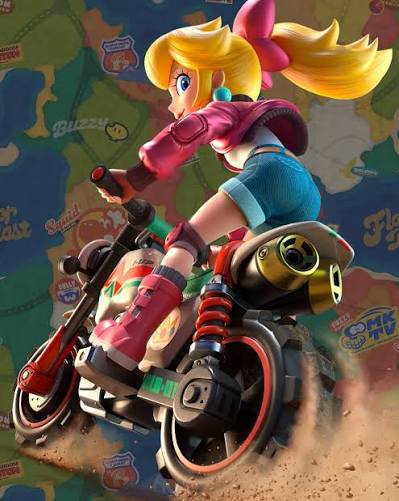 Stylized female rider with blonde ponytail on a red dirt bike against a colorful graffiti background