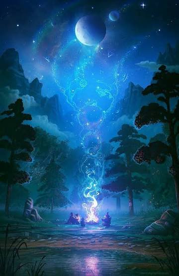 A nighttime forest camp scene with a glowing blue magical spiral rising from the campfire.