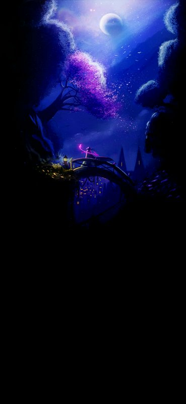 Moonlit fantasy forest with a glowing pink tree, an arched bridge, and dancing figures under a st...