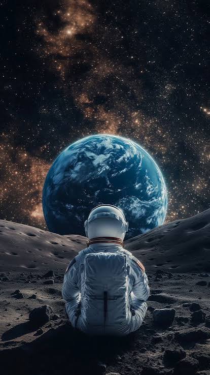 Astronaut sitting on the Moon's rocky surface, gazing at Earth with a starry space backdrop.