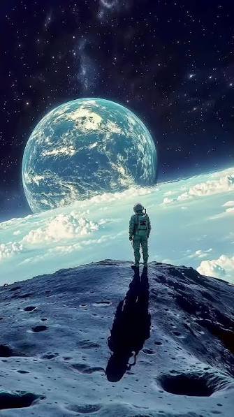 Astronaut standing on icy rocky ridge with a large Earth-like planet and starry cosmos behind.