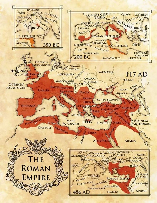 Historical map collage of the Roman Empire showing expansion from 350 BC to 486 AD on aged parchm...