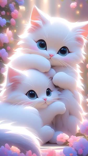 Two fluffy white anime-style kittens cuddling, surrounded by soft pastel pink and purple flowers ...