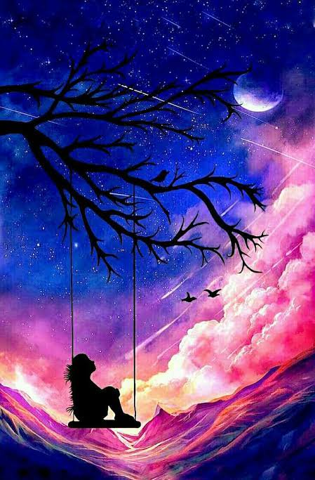 Silhouette of a girl on a hanging tree swing gazing at a dreamy starry twilight sky with pink clo...