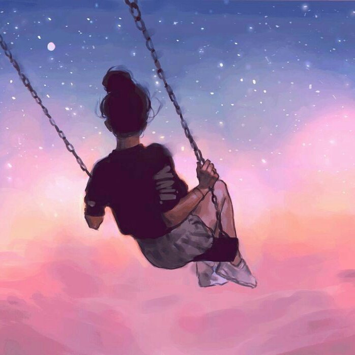 Back view of a girl on a chain swing floating above pastel star-dusted sunset clouds, dreamy digi...