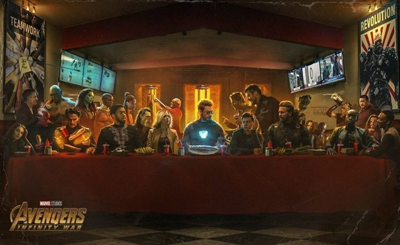 Avengers Infinity War fan art parody of The Last Supper, featuring all major Marvel superheroes s...