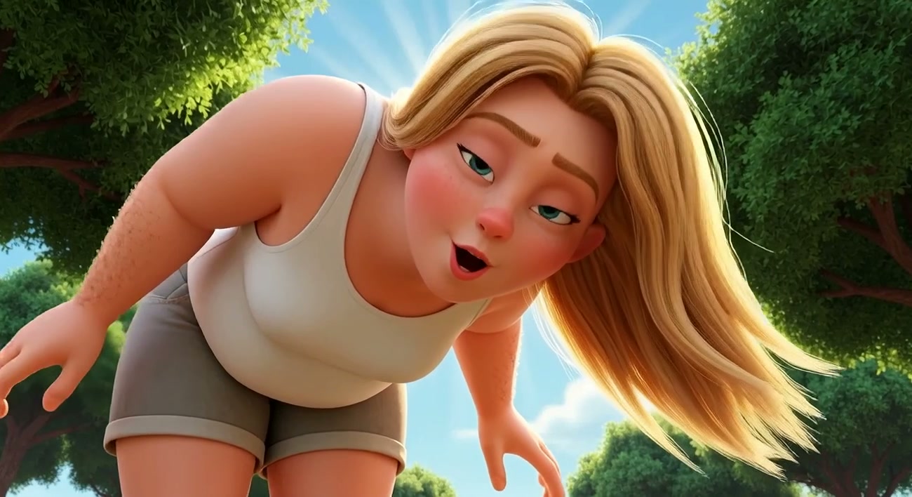 Close-up of a cheerful blonde animated woman leaning toward the camera in a sunny park scene.
