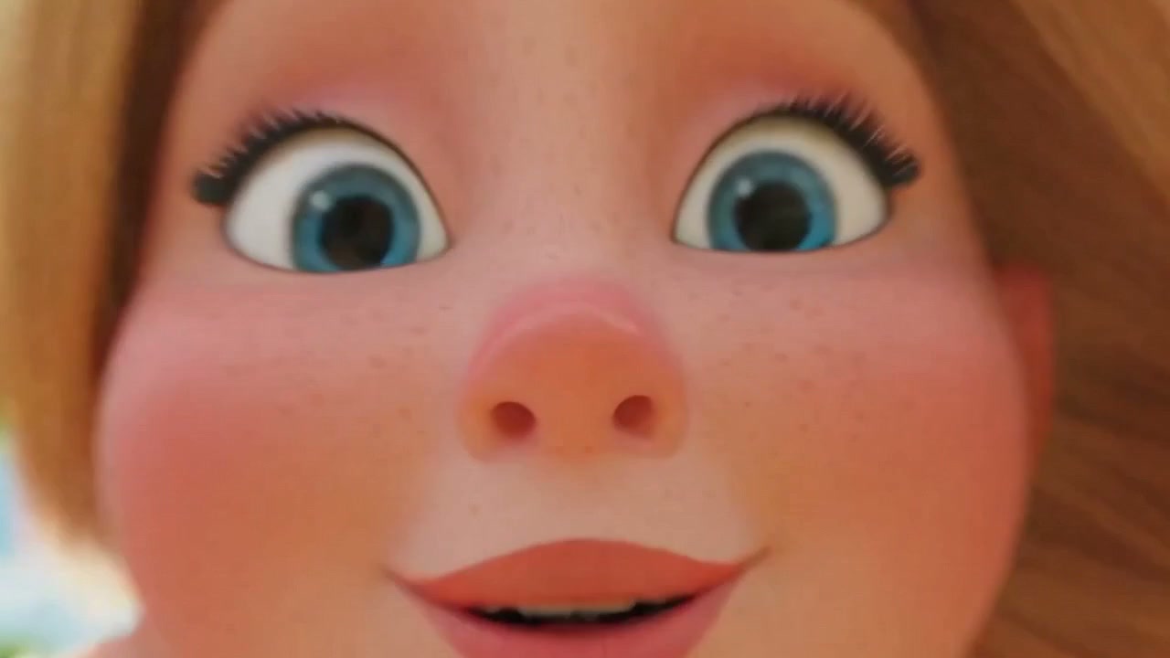 Close-up of an animated character's face with large blue eyes, rosy cheeks, and a small smile.