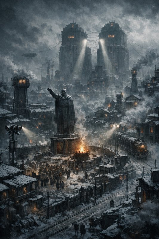 Dark dystopian cityscape with a monumental statue, smoky streets, and twin illuminated towers abo...