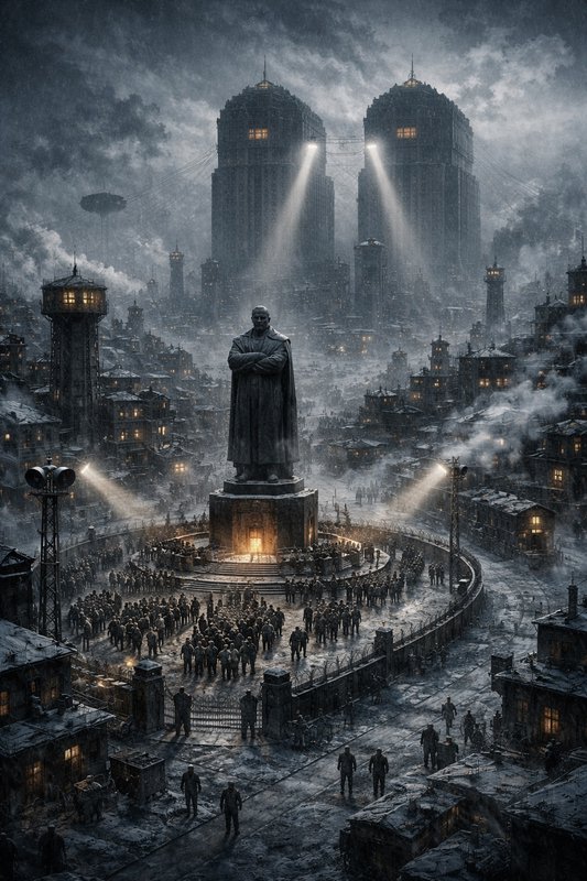 Large statue in a circular plaza amid a snow-covered dystopian city with twin towers and spotlights.