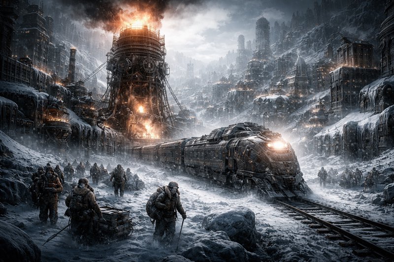 Snow-covered post-apocalyptic city ruins with a blazing steam train and a group of survivors trek...