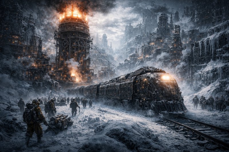 Snowy, post-apocalyptic train yard with a burning industrial tower and a steam locomotive.
