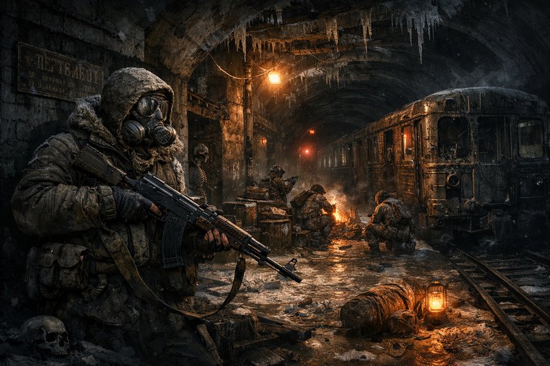 Soldier in a gas mask with rifle in a ruined subway tunnel at night.