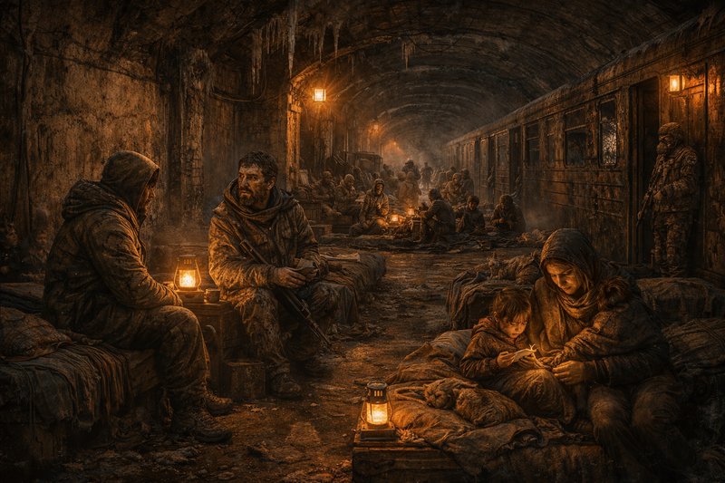 War-torn underground tunnel refuge with soldiers, families, and lanterns by a dim train car.