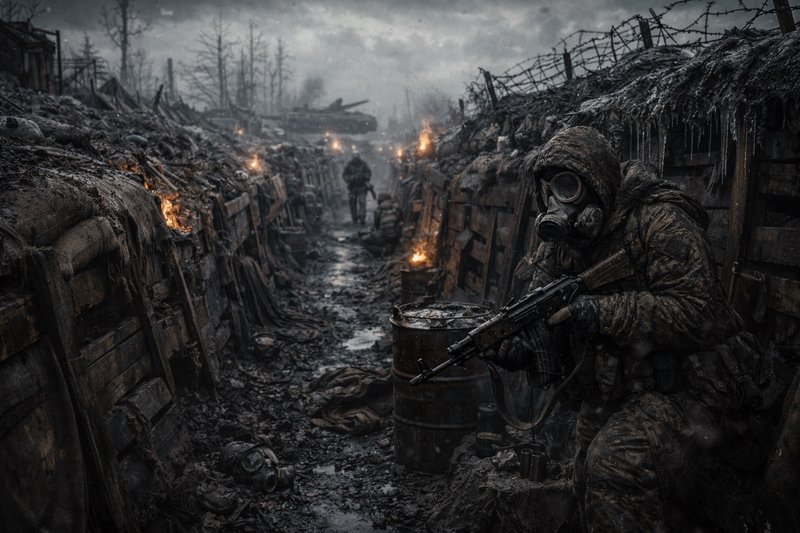 Soldier in a gas mask crouches in a muddy trench with barbed wire and distant fires.