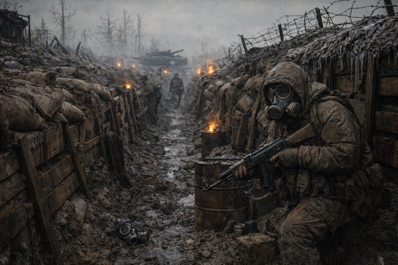Soldiers in gas masks crouch in a muddy trench lined with sandbags and barbed wire, with fires bu...