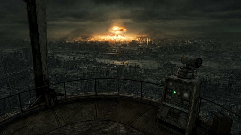 View from a ruined observation platform over a devastated city with a distant fiery explosion.