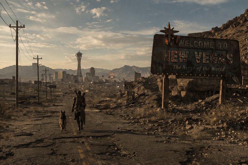 Post-apocalyptic desert highway to New Vegas with a man and a dog walking toward a distant city.