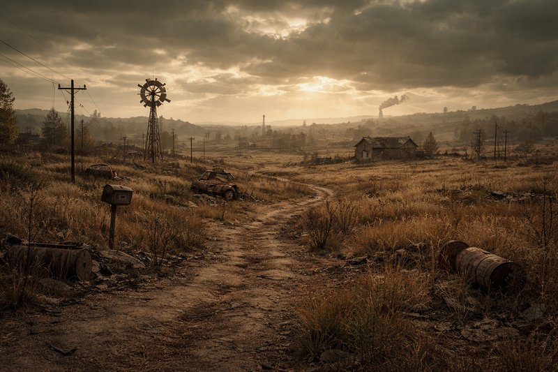 Desolate rural landscape with a weathered windmill, dirt road, and abandoned debris at sunset.