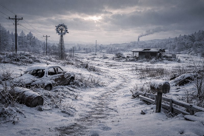 A snow-covered rural scene with an abandoned car, windmill, and distant smoke plume.