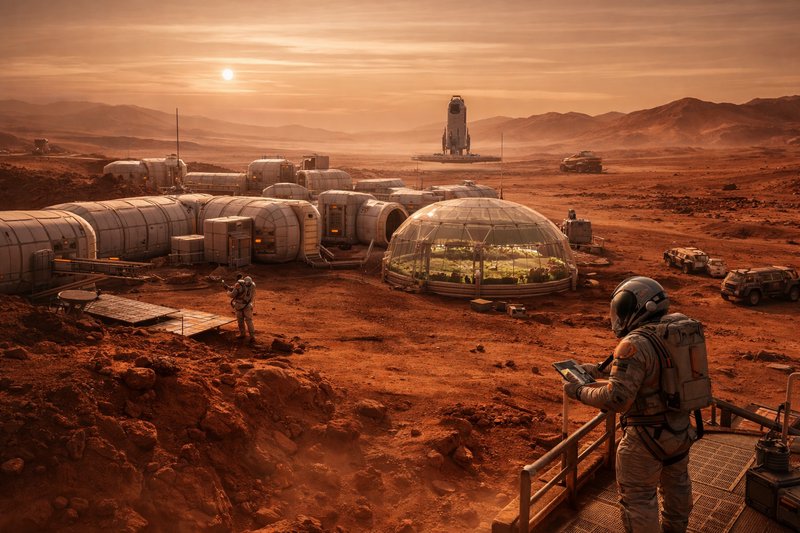 Mars colony with glass domes, astronauts, and rover in a red desert landscape at sunset