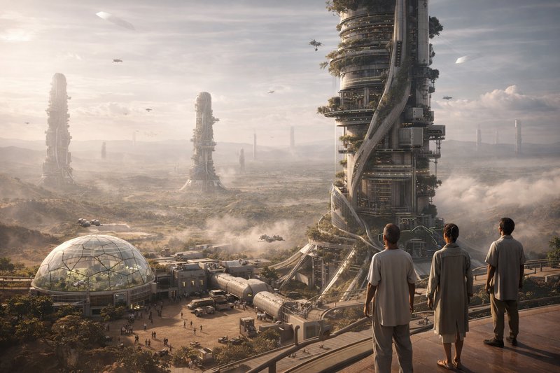 Futuristic cityscape with tall spiral towers, a glass dome, and people on a walkway overlooking t...