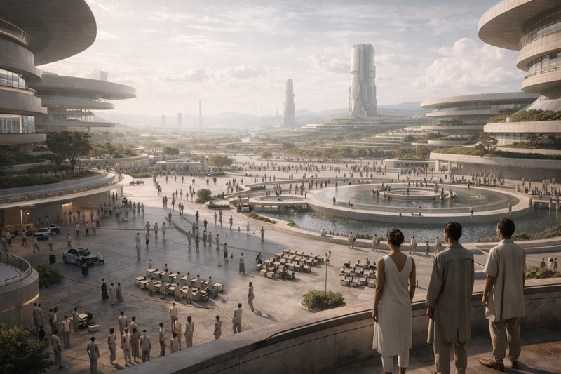 Futuristic city plaza with circular, layered buildings and a wide, open terrace overlooking a wat...